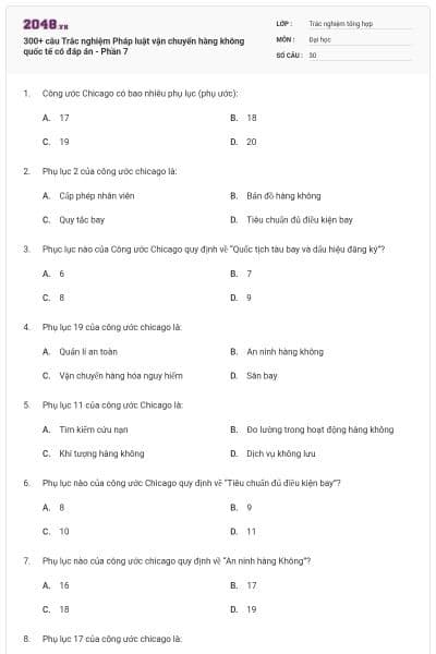 300+ câu Trắc nghiệm Pháp luật vận chuyển hàng không quốc tế có đáp án - Phần 7