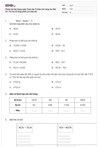 Phiếu bài tập hàng ngày Toán lớp 5 Chân trời sáng tạo Bài 29. Trừ hai số thập phân (có đáp án)