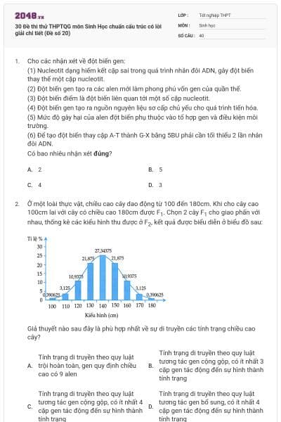 30 Đề thi thử THPTQG môn Sinh Học chuẩn cấu trúc có lời giải chi tiết (Đề số 20)