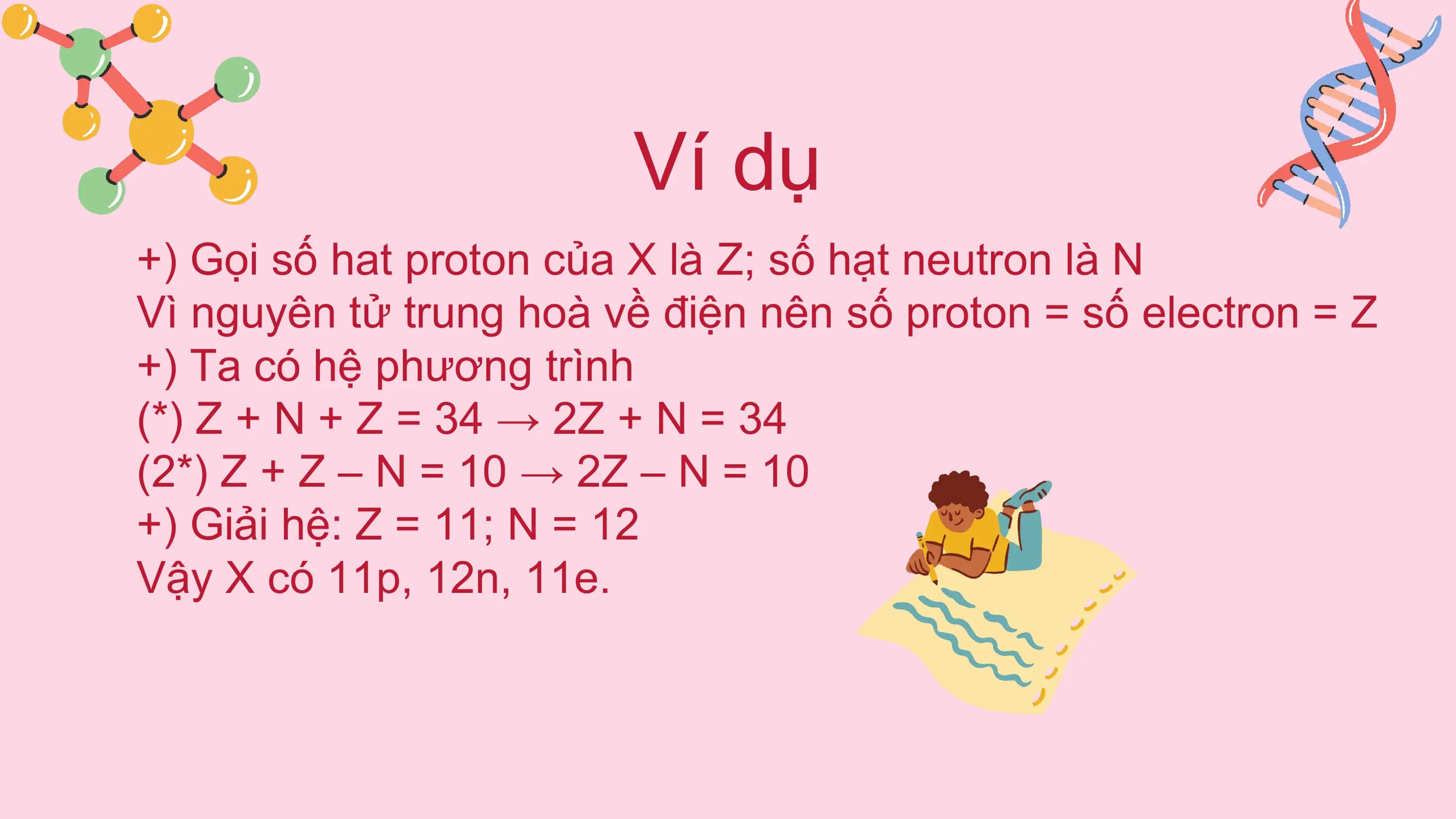 Ví dụ
+) Gọi số hat proton của X là Z; số hạt neutron là N
Vì nguyên tử trung hoà về điện nên số proton = số electron = Z
+) Ta có hệ phương trình
(*) Z + N + Z = 34 → 2Z + N = 34
(2*) Z + Z – N = 10 → 2Z – N = 10
+) Giải hệ: Z = 11; N = 12
Vậy X có 11p, 12n, 11e.