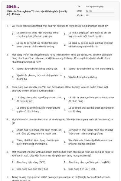 200+ câu Trắc nghiệm Tổ chức vận tải hàng hóa (có đáp án) - Phần 6