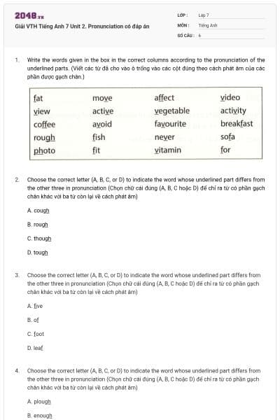 Giải VTH Tiếng Anh 7 Unit 2. Pronunciation có đáp án