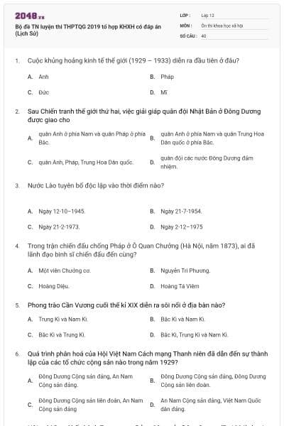 Bộ đề TN luyện thi THPTQG 2019 tổ hợp KHXH có đáp án (Lịch Sử)