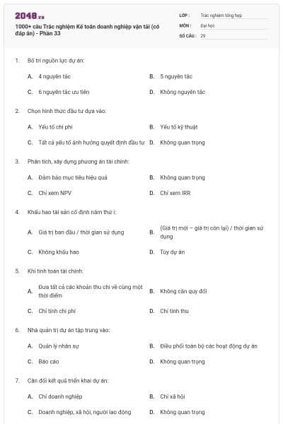 1000+ câu Trắc nghiệm Kế toán doanh nghiệp vận tải (có đáp án) - Phần 33