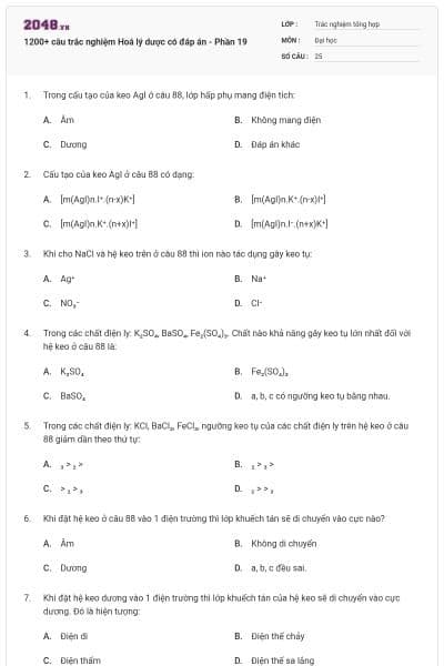 1200+ câu trắc nghiệm Hoá lý dược có đáp án - Phần 19