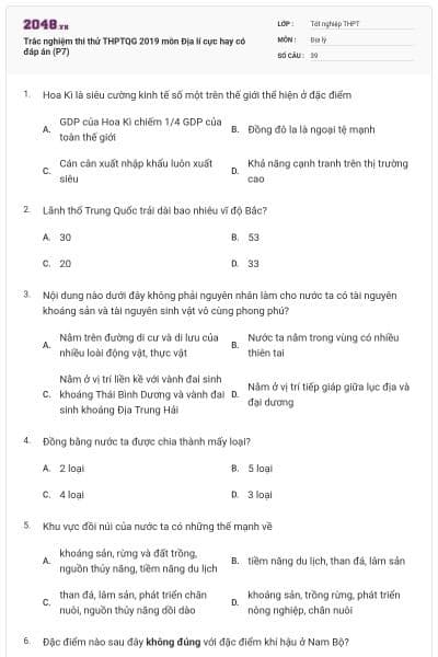 Trắc nghiệm thi thử THPTQG 2019 môn Địa lí cực hay có đáp án (P7)