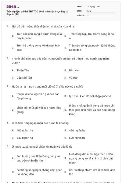 Trắc nghiệm thi thử THPTQG 2019 môn Địa lí cực hay có đáp án (P6)