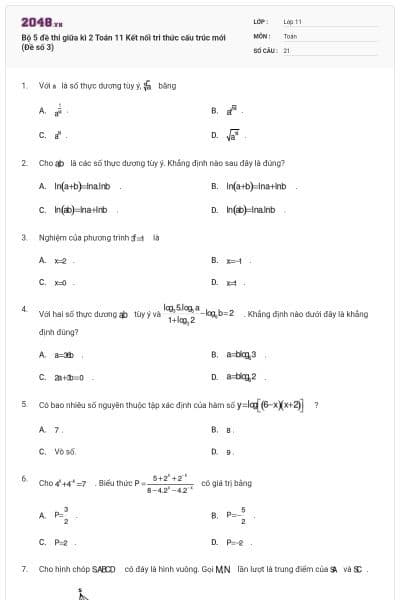 Bộ 5 đề thi giữa kì 2 Toán 11 Kết nối tri thức cấu trúc mới (Đề số 3)