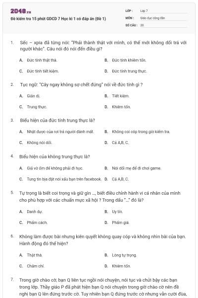 Đề kiểm tra 15 phút GDCD 7 Học kì 1 có đáp án (Đề 1)