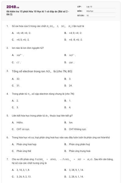 Đề kiểm tra 15 phút Hóa 10 Học kì 1 có đáp án (Bài số 2 - Đề 3)