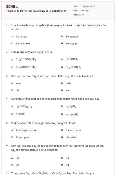 Tổng hợp đề thi Thử Hóa học cực hay có lời giải (Đề số 14)