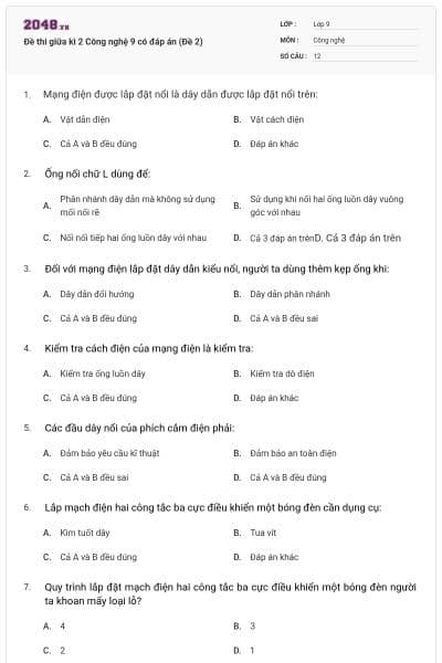 Đề thi giữa kì 2 Công nghệ 9 có đáp án (Đề 2)