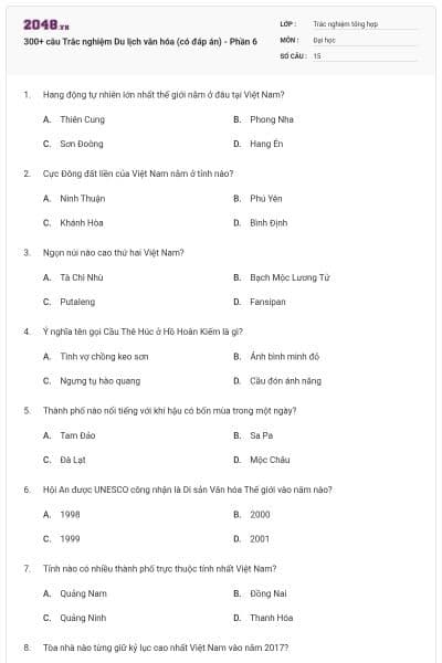 300+ câu Trắc nghiệm Du lịch văn hóa (có đáp án) - Phần 6