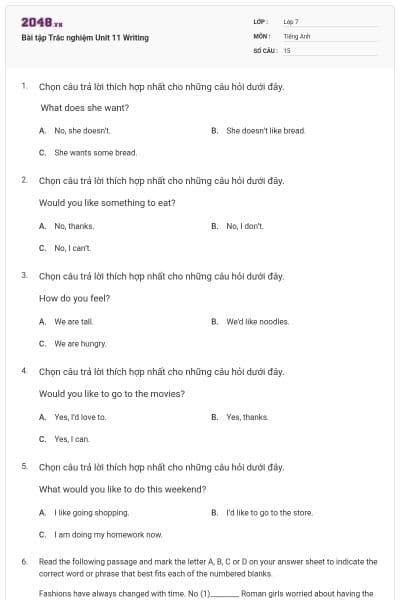 Bài tập Trắc nghiệm Unit 11 Writing