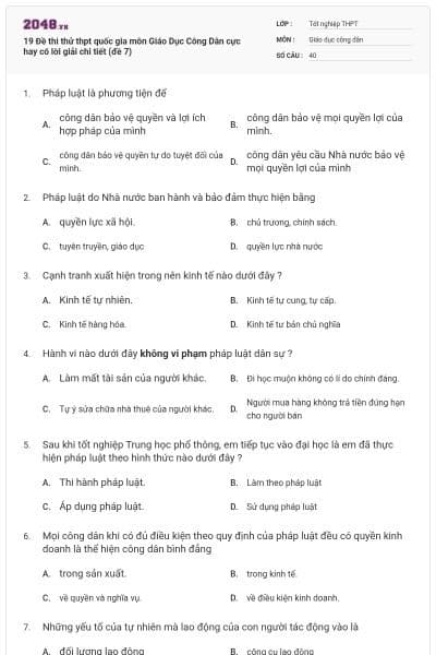 19 Đề thi thử thpt quốc gia môn Giáo Dục Công Dân cực hay có lời giải chi tiết (đề 7)