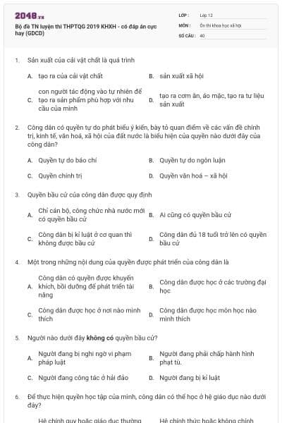 Bộ đề TN luyện thi THPTQG 2019 KHXH - có đáp án cực hay (GDCD)