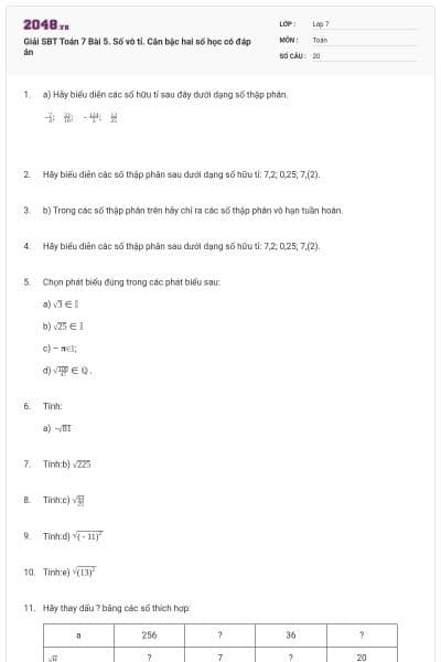 Giải SBT Toán 7 Bài 5. Số vô tỉ. Căn bậc hai số học có đáp án