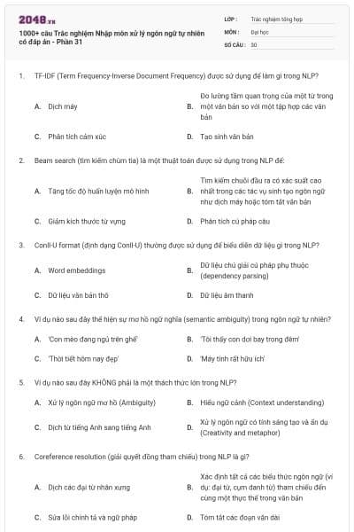 1000+ câu Trắc nghiệm Nhập môn xử lý ngôn ngữ tự nhiên có đáp án - Phần 31