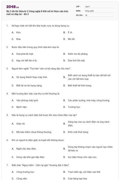 Bộ 3 đề thi Giữa kì 2 Công nghệ 8 Kết nối tri thức cấu trúc mới có đáp án - Đề 3
