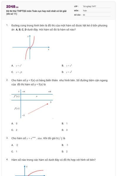 Đè thi thử THPTQG môn Toán cực hay mới nhất có lời giải (đề số 11)