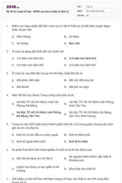 Bộ đề ôn Luyện tổ hợp - KHXH cực hay có đáp án (Địa Lí)