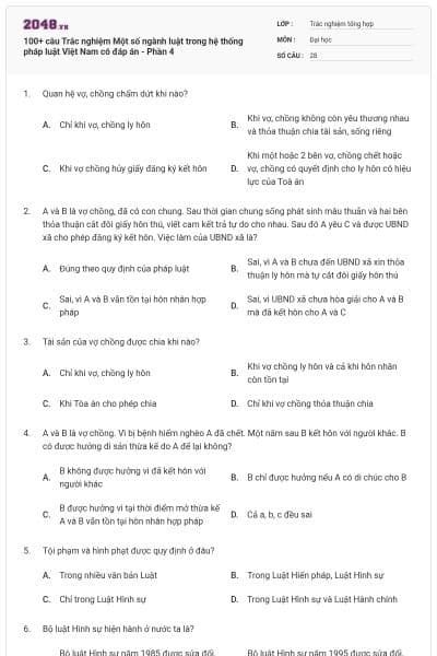 100+ câu Trắc nghiệm Một số ngành luật trong hệ thống pháp luật Việt Nam có đáp án - Phần 4