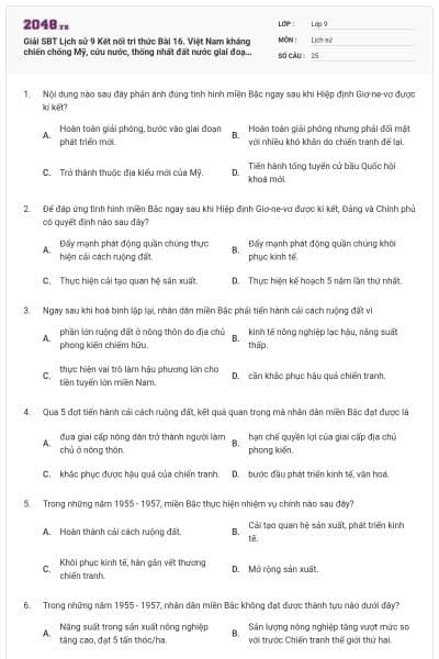 Giải SBT Lịch sử 9 Kết nối tri thức Bài 16. Việt Nam kháng chiến chống Mỹ, cứu nước, thống nhất đất nước giai đoạn 1954 - 1965 (có đáp án)