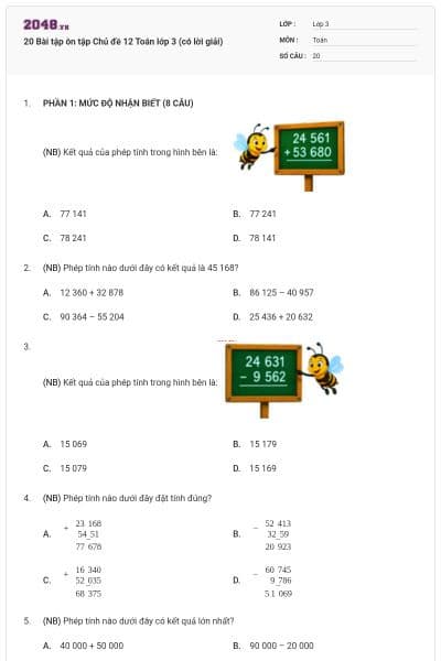 20 Bài tập ôn tập Chủ đề 12 Toán lớp 3 (có lời giải)