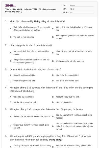 Trắc nghiệm Vật lý 11 chương 7 Mắt. Các dụng cụ quang học có đáp án (P7)