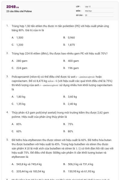 23 câu Điều chế Polime