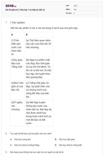 Đề thi giữa kì 2 Văn lớp 7 có đáp án (Đề 2)