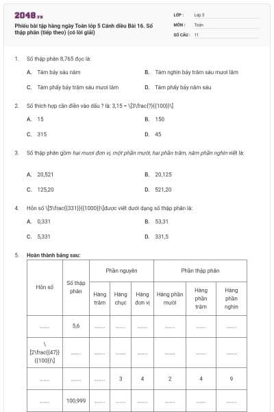 Phiếu bài tập hàng ngày Toán lớp 5 Cánh diều Bài 16. Số thập phân (tiếp theo) (có lời giải)