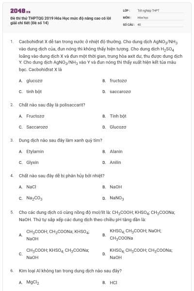 Đề thi thử THPTQG 2019 Hóa Học mức độ nâng cao có lời giải chi tiết (Đề số 14)