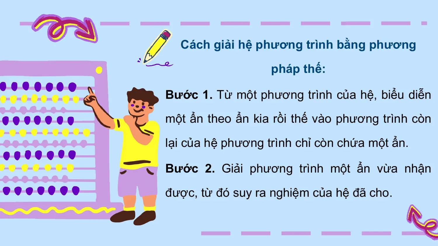 Cách giải hệ phương trình bằng phương
 pháp thế:

Bước 1. Từ một phương trình của hệ, biểu diễn
một ẩn theo ẩn kia rồi thế vào phương trình còn
lại của hệ phương trình chỉ còn chứa một ẩn.

Bước 2. Giải phương trình một ẩn vừa nhận
được, từ đó suy ra nghiệm của hệ đã cho.