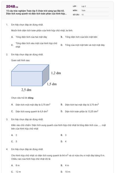 15 câu trắc nghiệm Toán lớp 5 Chân trời sáng tạo Bài 65. Diện tích xung quanh và diện tích toàn phần của hình hộp chữ nhật có đáp