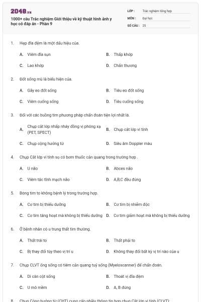 1000+ câu Trắc nghiệm Giới thiệu về kỹ thuật hình ảnh y học có đáp án - Phần 9