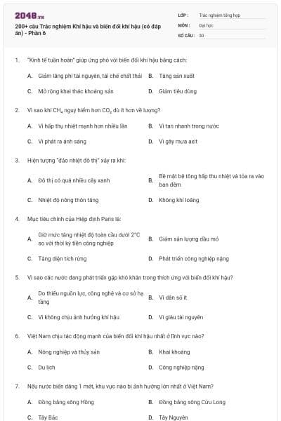 200+ câu Trắc nghiệm Khí hậu và biến đổi khí hậu (có đáp án) - Phần 6