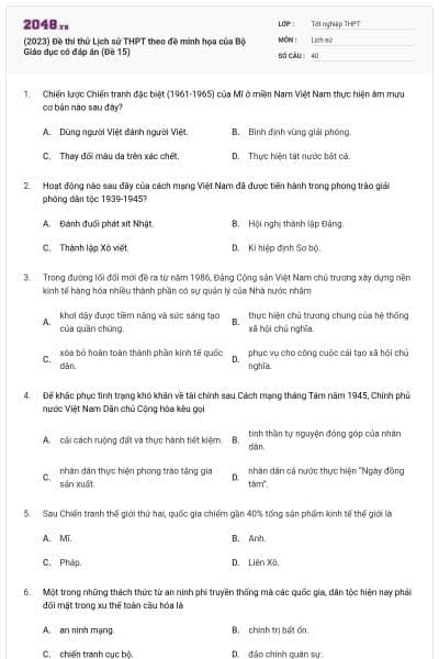 (2023) Đề thi thử Lịch sử THPT theo đề minh họa của Bộ Giáo dục có đáp án (Đề 15)