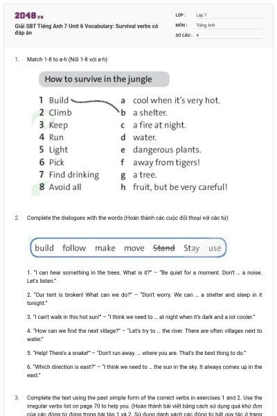 Giải SBT Tiếng Anh 7 Unit 6 Vocabulary: Survival verbs có đáp án