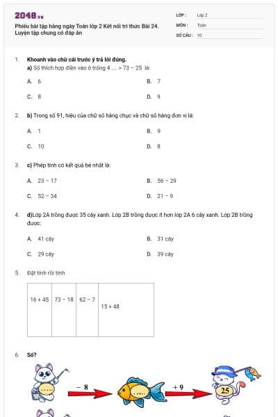 Phiếu bài tập hàng ngày Toán lớp 2 Kết nối tri thức Bài 24. Luyện tập chung có đáp án