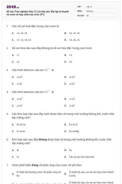 80 câu Trắc nghiệm Hóa 12 (có đáp án): Bài tập lý thuyết về crom và hợp chất của crom (P1)