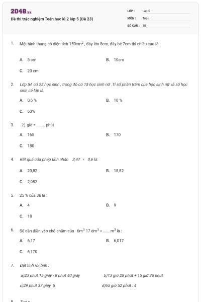 Đề thi trắc nghiệm Toán học kì 2 lớp 5 (Đề 23)
