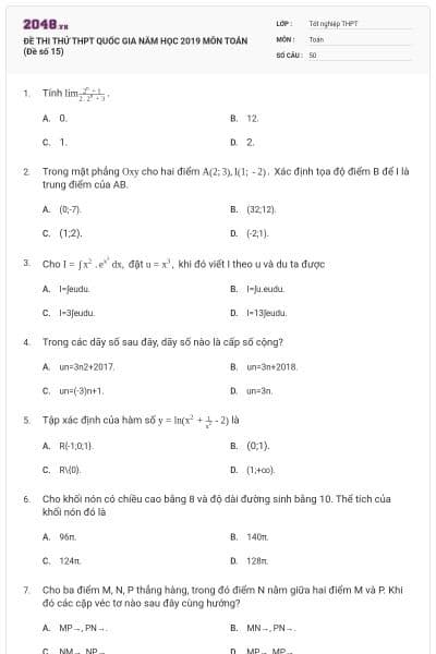 ĐỀ THI THỬ THPT QUỐC GIA NĂM HỌC 2019 MÔN TOÁN (Đề số 15)