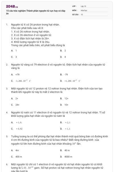 15 câu trắc nghiệm Thành phần nguyên tử cực hay có đáp án