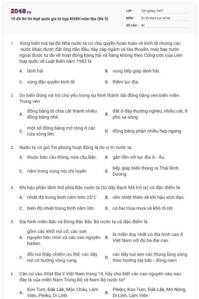 10 đề thi thi thpt quốc gia tổ hợp KHXH môn Địa (Đề 5)