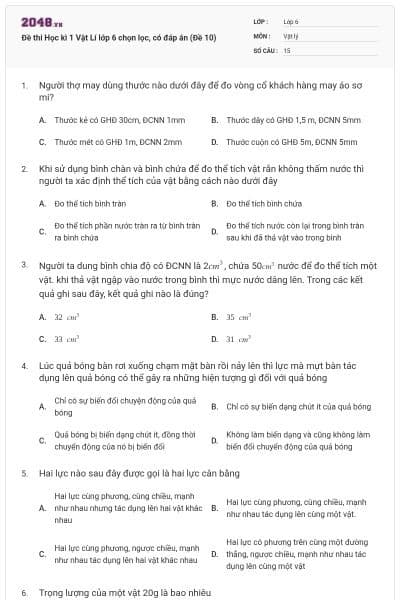 Đề thi Học kì 1 Vật Lí lớp 6 chọn lọc, có đáp án (Đề 10)