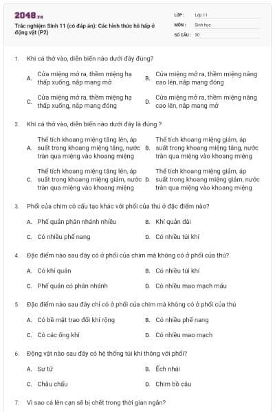 Trắc nghiệm Sinh 11 (có đáp án): Các hình thức hô hấp ở động vật (P2)