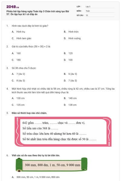 Phiếu bài tập hàng ngày Toán lớp 3 Chân trời sáng tạo Bài 57. Ôn tập học kì I có đáp án