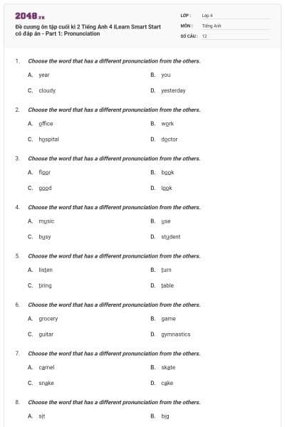 Đề cương ôn tập cuối kì 2 Tiếng Anh 4 iLearn Smart Start có đáp án - Part 1: Pronunciation