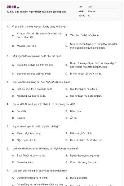 12 câu trắc nghiệm Nghệ thuật múa ba lê (có đáp án)